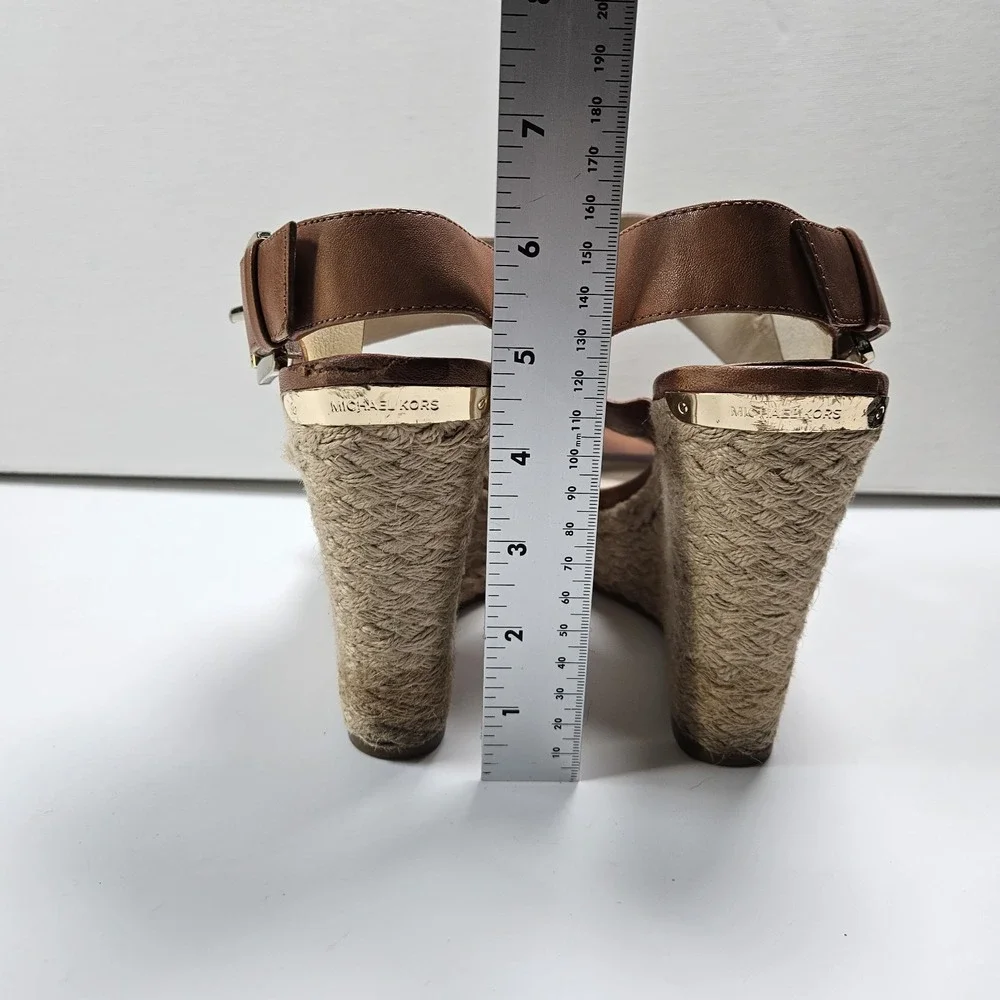 Michael Kors Women's Brown Leather Wedge Sandals Size 9.5 Ankle Strap Buckle